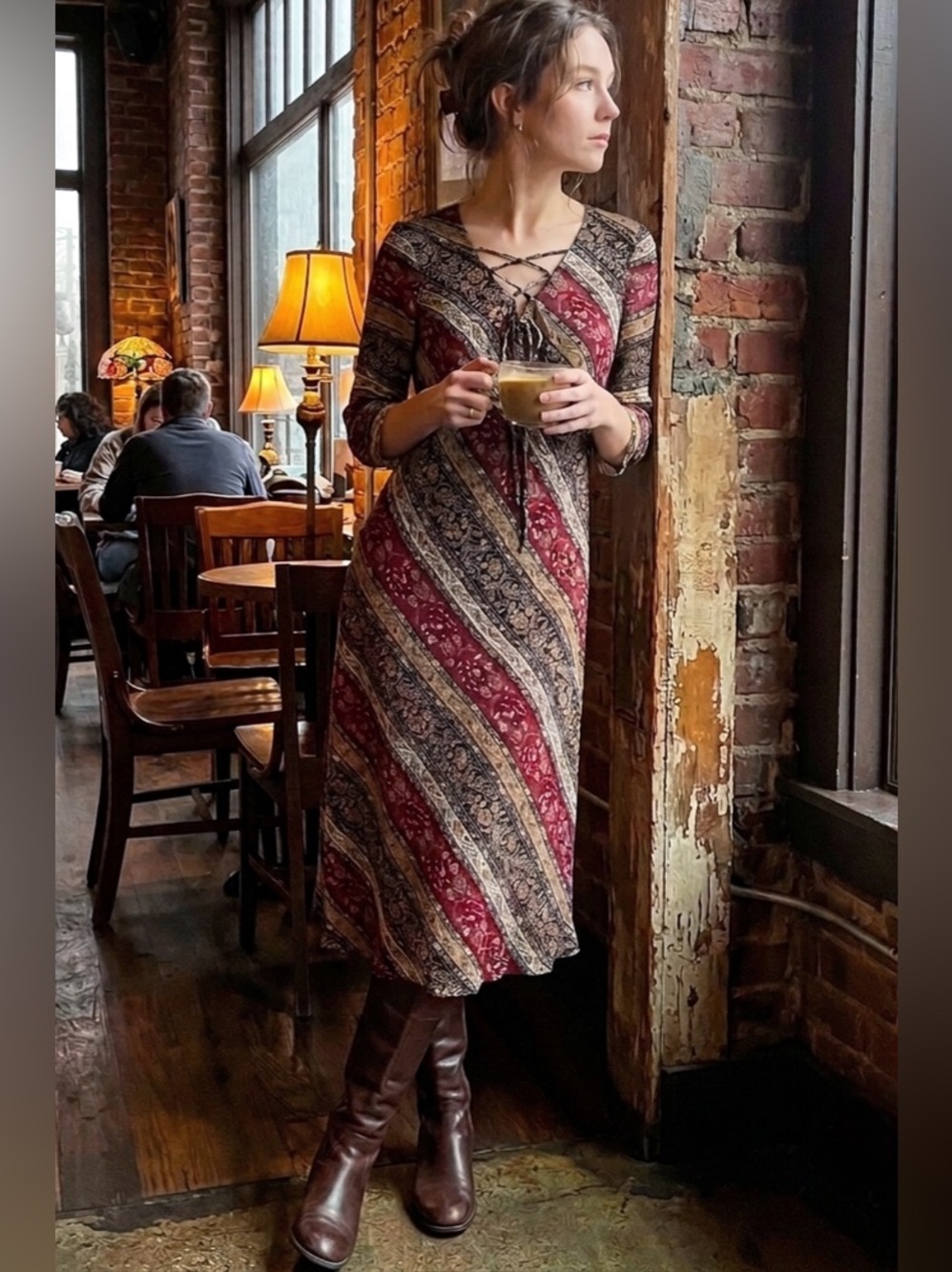 Y2K Vtg Striped Paisley Lace Up Midi Dress Size 6